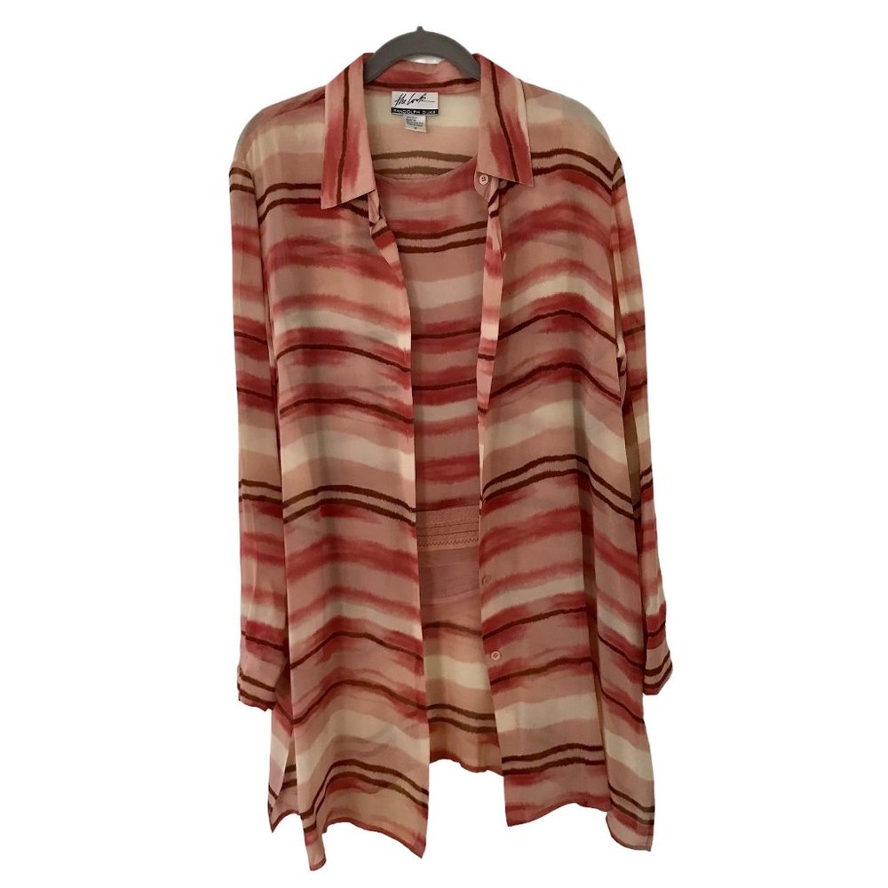 Randolph Duke Silk Striped Beige Brown Soft Pink Long Blouse and Top Set Size 16